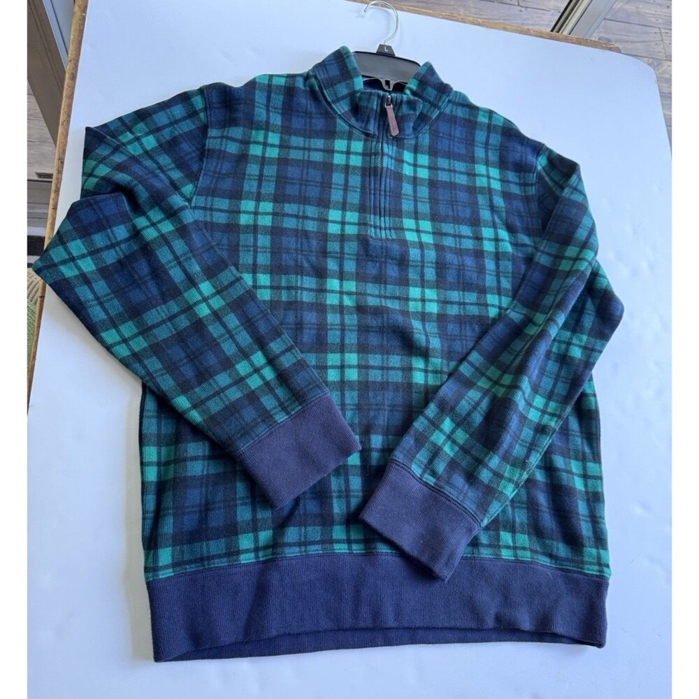 Lands End Blue & Green Plaid Pullover 1/4 Zip Men Sweatshirt M New Golf